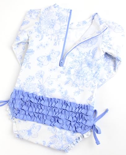 RuffleButts Baby Girls UPF 50+ Sun Protection Floral Printed Long Sleeve One Piece Rash Guard Swimsuit with Zipper - Periwinkle Butterfly Garden, 3-6m - Image 5