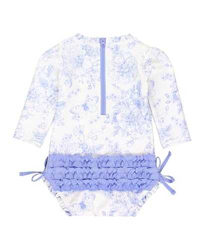 RuffleButts Baby Girls UPF 50+ Sun Protection Floral Printed Long Sleeve One Piece Rash Guard Swimsuit with Zipper - Periwinkle Butterfly Garden, 3-6m - Image 3