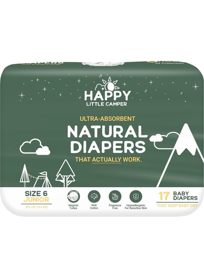 Happy Little Camper Ultra-Absorbent Hypoallergenic Natural Disposable Baby Diapers, Chlorine-Free Protection for Sensitive Skin, Junior, Size 6, 17 Count