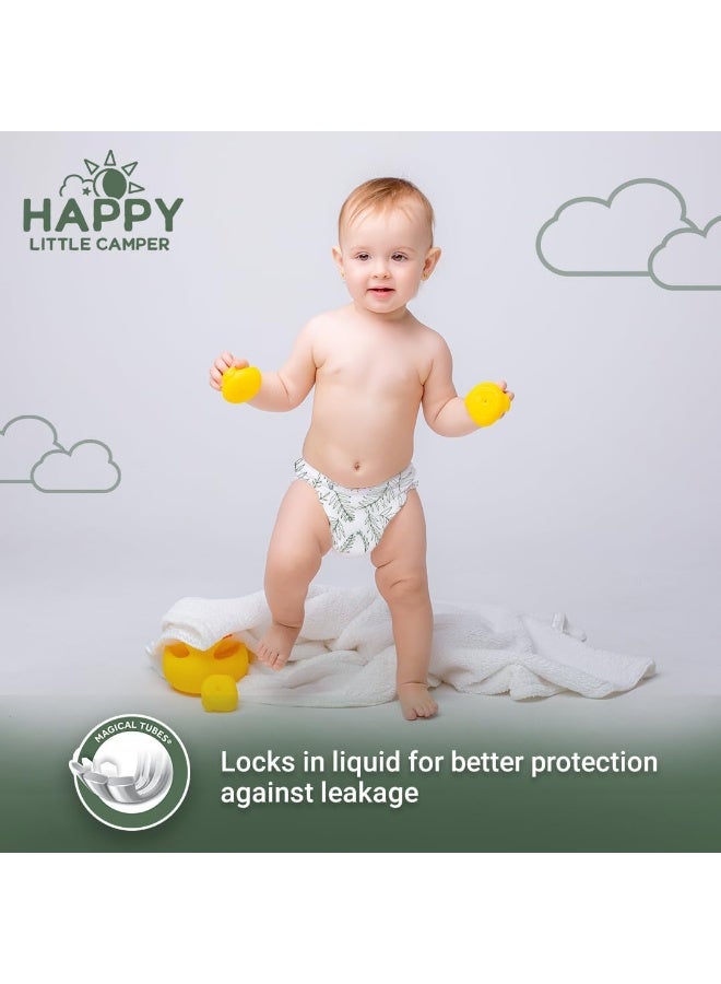 Happy Little Camper Ultra-Absorbent Hypoallergenic Natural Disposable Baby Diapers, Chlorine-Free Protection for Sensitive Skin, Junior, Size 6, 17 Count