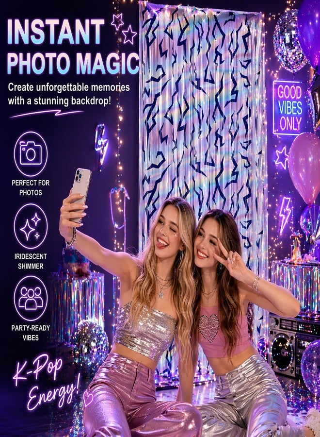 Fleudarnty Kpop Birthday Decorations Iridescent Tinsel Curtain 2PCS, 39 x 79 Inches Metallic Foil Fringe Backdrop, Korean Pop Party Decorations Photo Booth Background for Kpop Theme Birthday Party - Image 3
