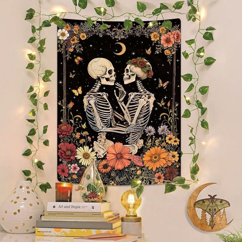 Kanuyee Skeleton Lovers Tapestry Floral Wall Art Tapestries Gothic Romance Room Decor Aesthetic Wall Hanging for Bedroom Dorm Living Room Unique Couple Art 36x48 Inch - Image 2