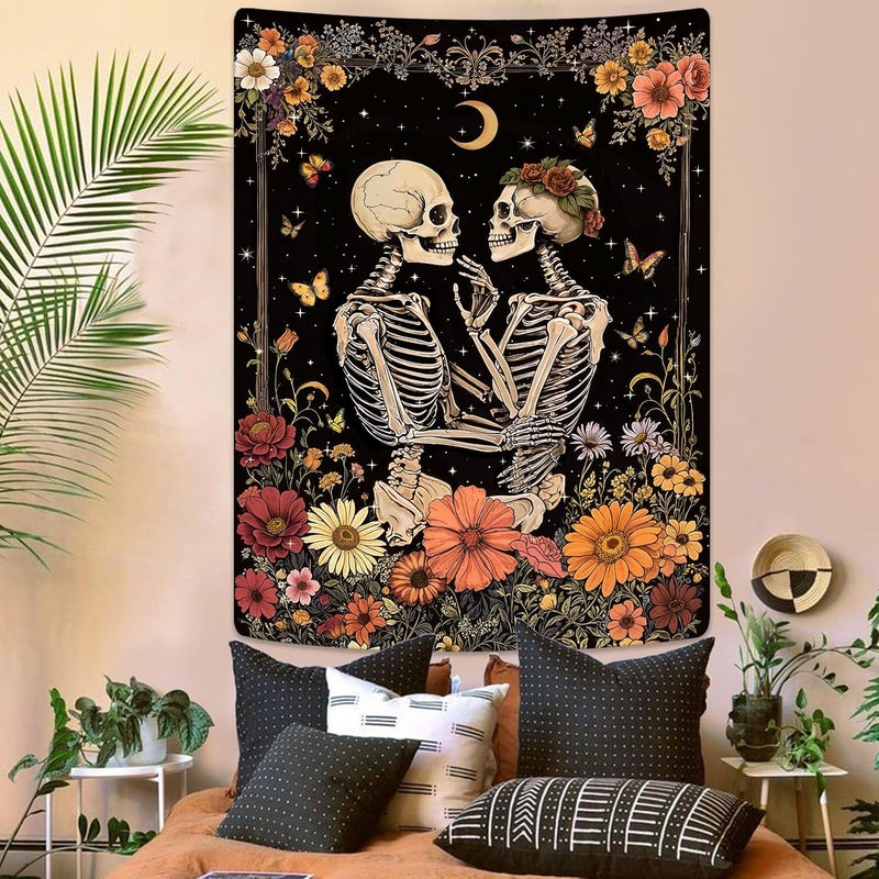Kanuyee Skeleton Lovers Tapestry Floral Wall Art Tapestries Gothic Romance Room Decor Aesthetic Wall Hanging for Bedroom Dorm Living Room Unique Couple Art 36x48 Inch - Image 4