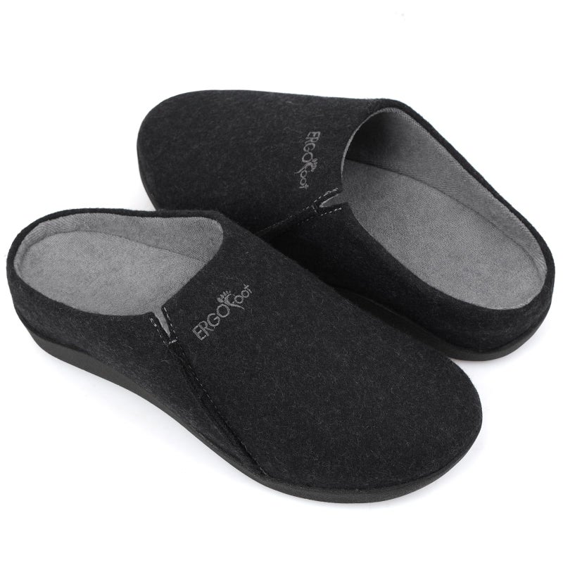 ERGOfoot House Slippers With Arch Support, Orthopedic Slipper for Plantar Fasciitis Pain Relief, Comfy Wool Felt Clog Shoes for Women and Men with Non-Slip Indoor Outdoor/Black, W9/M8 - Image 1