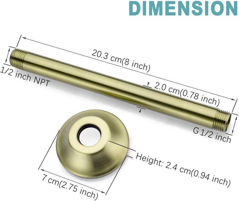 Bestill 8 Inch Ceiling Mount Rain Shower Head Arm and Flange, Brushed Gold - Image 4