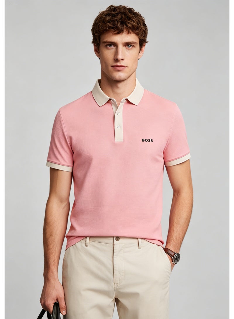 BOSS Men’s Gentleman Daily Wear Beige Collar Contrast Polo Top - Dusty Pink - Image 2