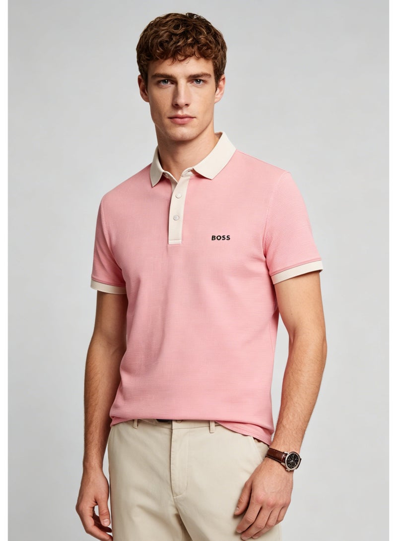BOSS Men’s Gentleman Daily Wear Beige Collar Contrast Polo Top - Dusty Pink - Image 3