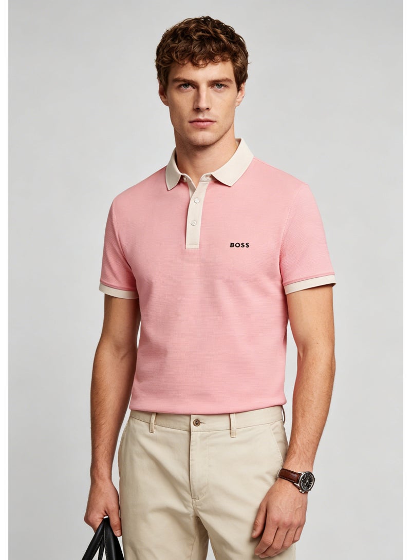 BOSS Men’s Gentleman Daily Wear Beige Collar Contrast Polo Top - Dusty Pink - Image 1