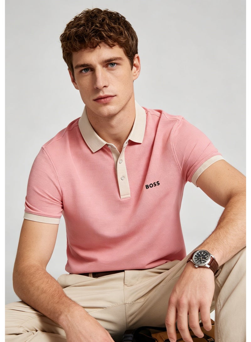BOSS Men’s Gentleman Daily Wear Beige Collar Contrast Polo Top - Dusty Pink - Image 4