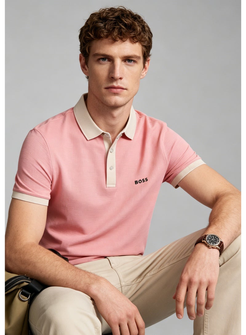 BOSS Men’s Gentleman Daily Wear Beige Collar Contrast Polo Top - Dusty Pink - Image 5