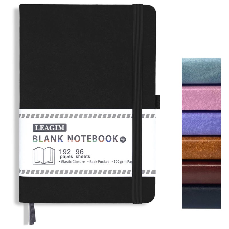 LEAGIM Blank Journal Notebook, A5, 192 Pages 100 GSM Thick Sketch Book for Women Men, Hardcover Leather Unlined Journaling for Work, Notebooks for Writing, 5.8 inches x 8.5 inches (Black) - Image 1