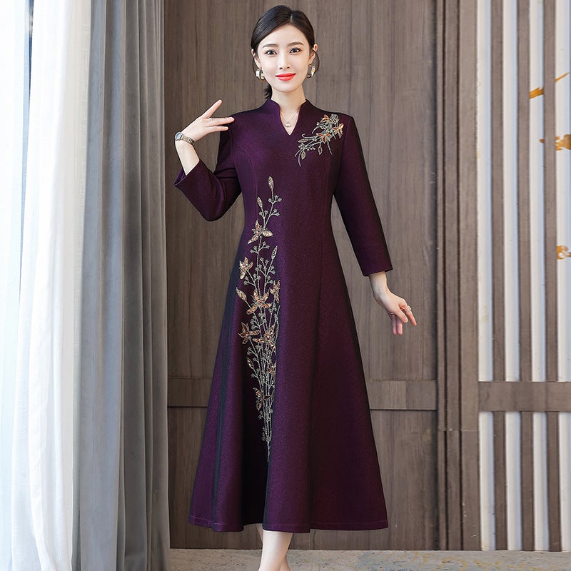 Vintage Chinese Style Wedding Dresses For Women Autumn/Winter New Arrival Happy Mother-In-Law Gowns Cheongsam Dresses Purple  - Image 1