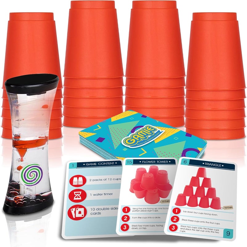 Gamie Stacking Cups Game for Kids - Set Includes 24 Cups, 18 Fun Challenging Cards, and Water Timer - Family Games for Kids and Adults, Indoor Recess Game for Classroom, Gifts for Boys and Girls - Image 1