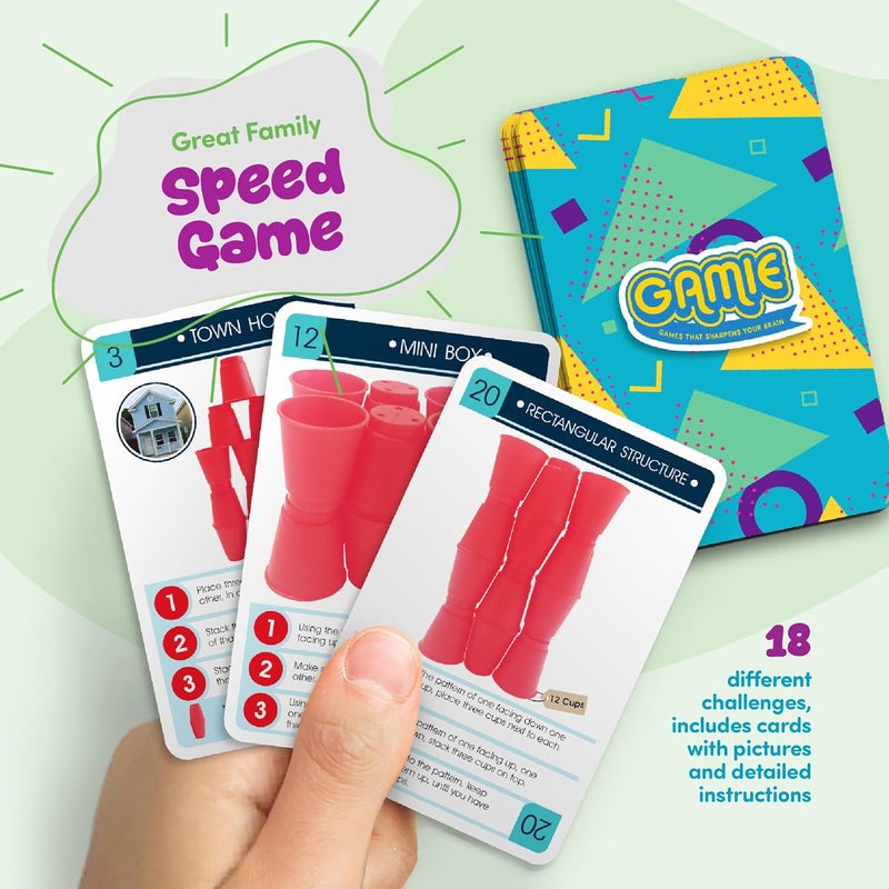 Gamie Stacking Cups Game for Kids - Set Includes 24 Cups, 18 Fun Challenging Cards, and Water Timer - Family Games for Kids and Adults, Indoor Recess Game for Classroom, Gifts for Boys and Girls - Image 3