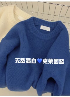 Idle Style Womens Pullover Sweater Soft Cashmere Knitted Top Solid Color Autumn/Winter Warm Comfortable Crew Neck Design Blue
