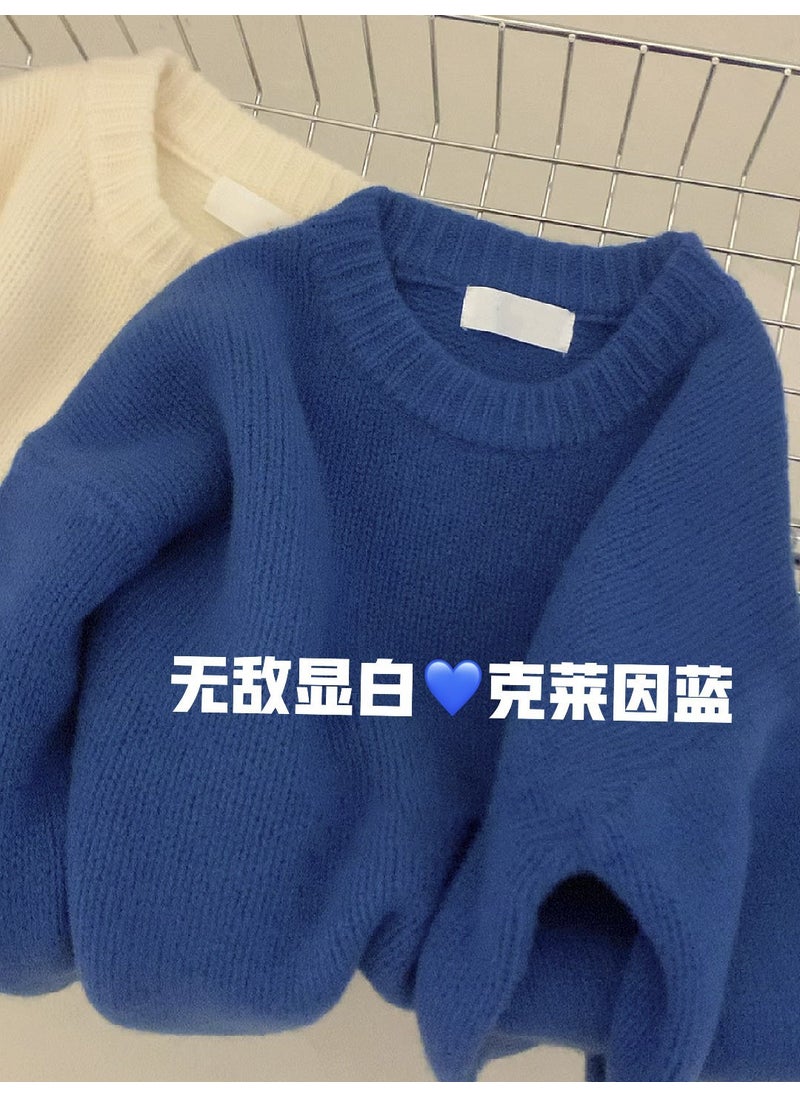Generic - Idle Style Womens Pullover Sweater Soft Cashmere Knitted Top Solid Color Autumn/Winter Warm Comfortable Crew Neck Design Blue - Image 1