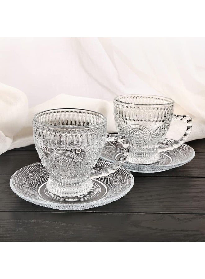 نهر قو 12 كوب قهوة زجاجي باروكي مع صحن، 6 أكواب زجاجية شفافة و6 صحون زجاجية شفافة، 12 قطعة في المجموع، أكواب إسبرسو شفافة بمقابض، أكواب قهوة زجاجية للاتيه والكابتشينو والموكا والشوكولاتة الساخنة والشاي والعصير والمشروبات الساخنة أو المثلجة 210مل - Image 4