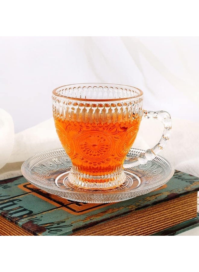 نهر قو 12 كوب قهوة زجاجي باروكي مع صحن، 6 أكواب زجاجية شفافة و6 صحون زجاجية شفافة، 12 قطعة في المجموع، أكواب إسبرسو شفافة بمقابض، أكواب قهوة زجاجية للاتيه والكابتشينو والموكا والشوكولاتة الساخنة والشاي والعصير والمشروبات الساخنة أو المثلجة 210مل - Image 3