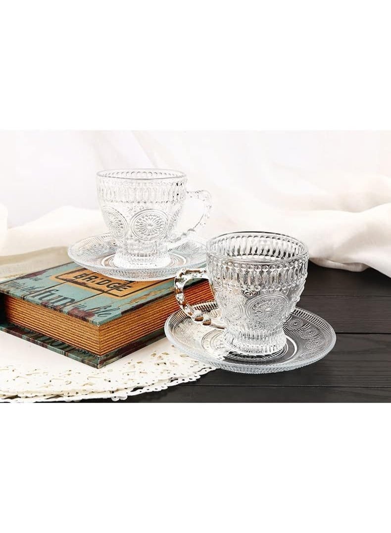 نهر قو 12 كوب قهوة زجاجي باروكي مع صحن، 6 أكواب زجاجية شفافة و6 صحون زجاجية شفافة، 12 قطعة في المجموع، أكواب إسبرسو شفافة بمقابض، أكواب قهوة زجاجية للاتيه والكابتشينو والموكا والشوكولاتة الساخنة والشاي والعصير والمشروبات الساخنة أو المثلجة 210مل - Image 2