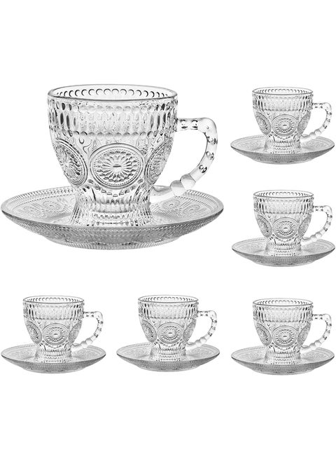 12-Packs Glass Coffee Mug with Saucer, 6 Clear Glass Cups and 6 Clear Glass Saucers, 12 pcs in Total, Clear Espresso Cups with Handles, Glass Coffee Cups for Latte, Cappuccino, Mocha, Hot Chocolate, Tea, Juice, Hot or Iced Beverage