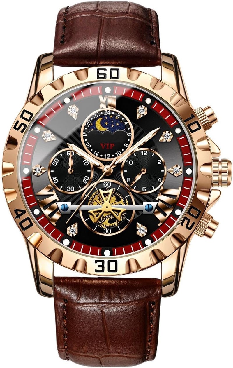 KASTWAVE Mens Luxury Skeleton Automatic Mechanical Wrist Watches, Durable,Waterproof Dial with Precise Quartz Movement, Leather Moon Phase Watch for Everyday, Business Casual - Image 1