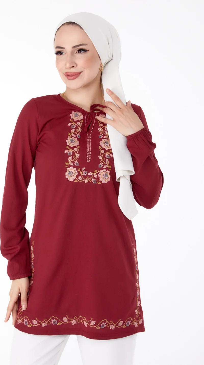 Tofisa Plain Tie Collar Women's Burgundy Embroidered Tunic - 13185