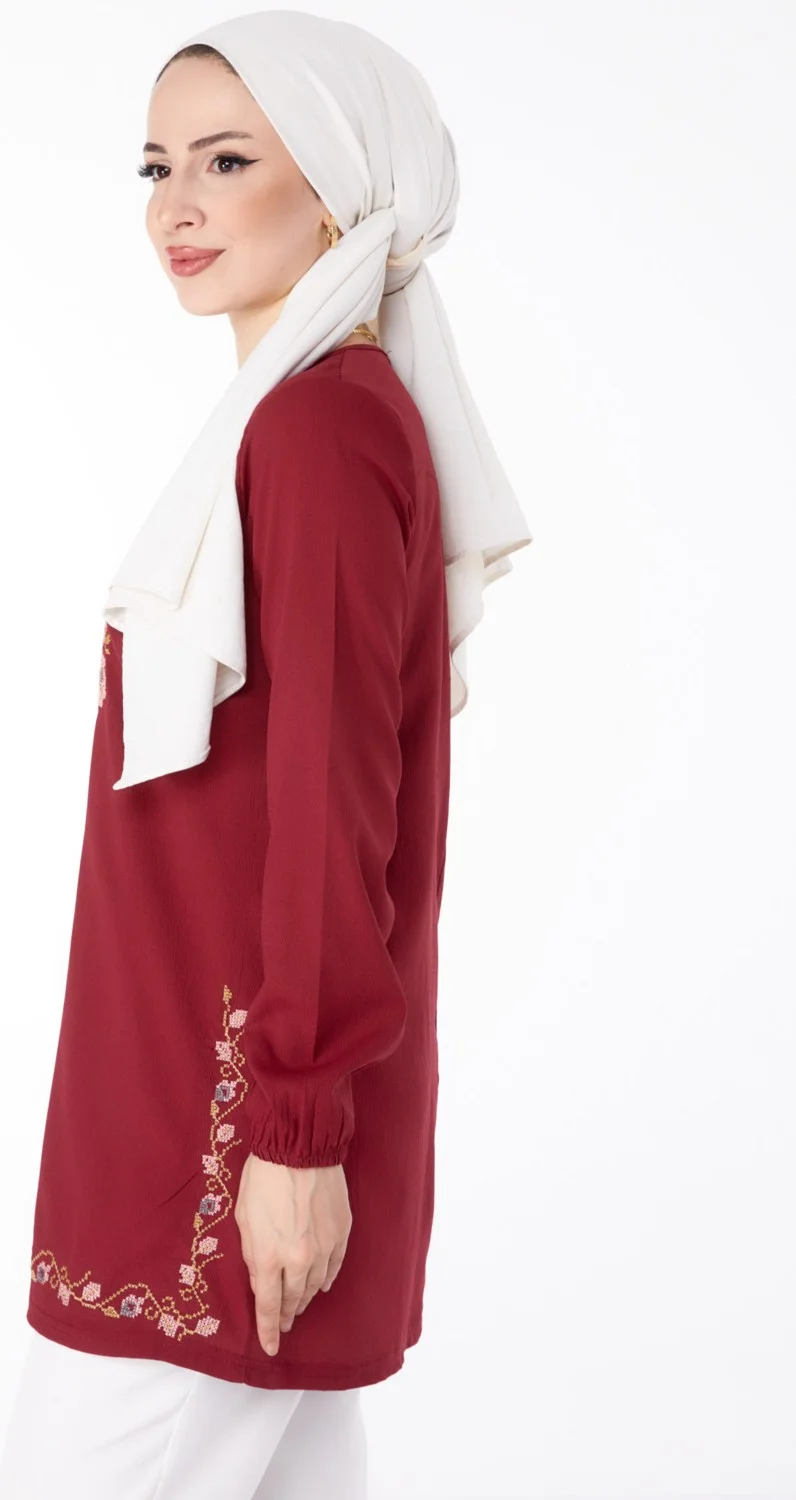 Tofisa Plain Tie Collar Women's Burgundy Embroidered Tunic - 13185