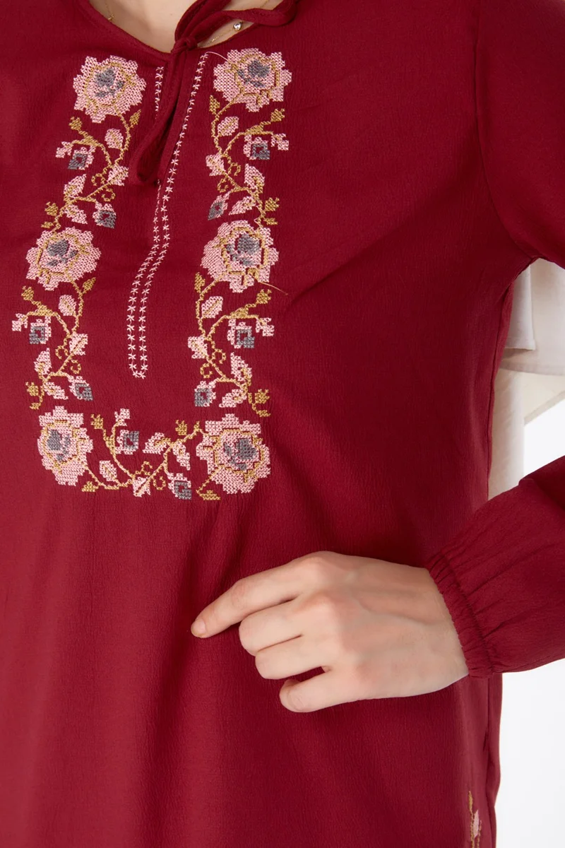 Tofisa Plain Tie Collar Women's Burgundy Embroidered Tunic - 13185