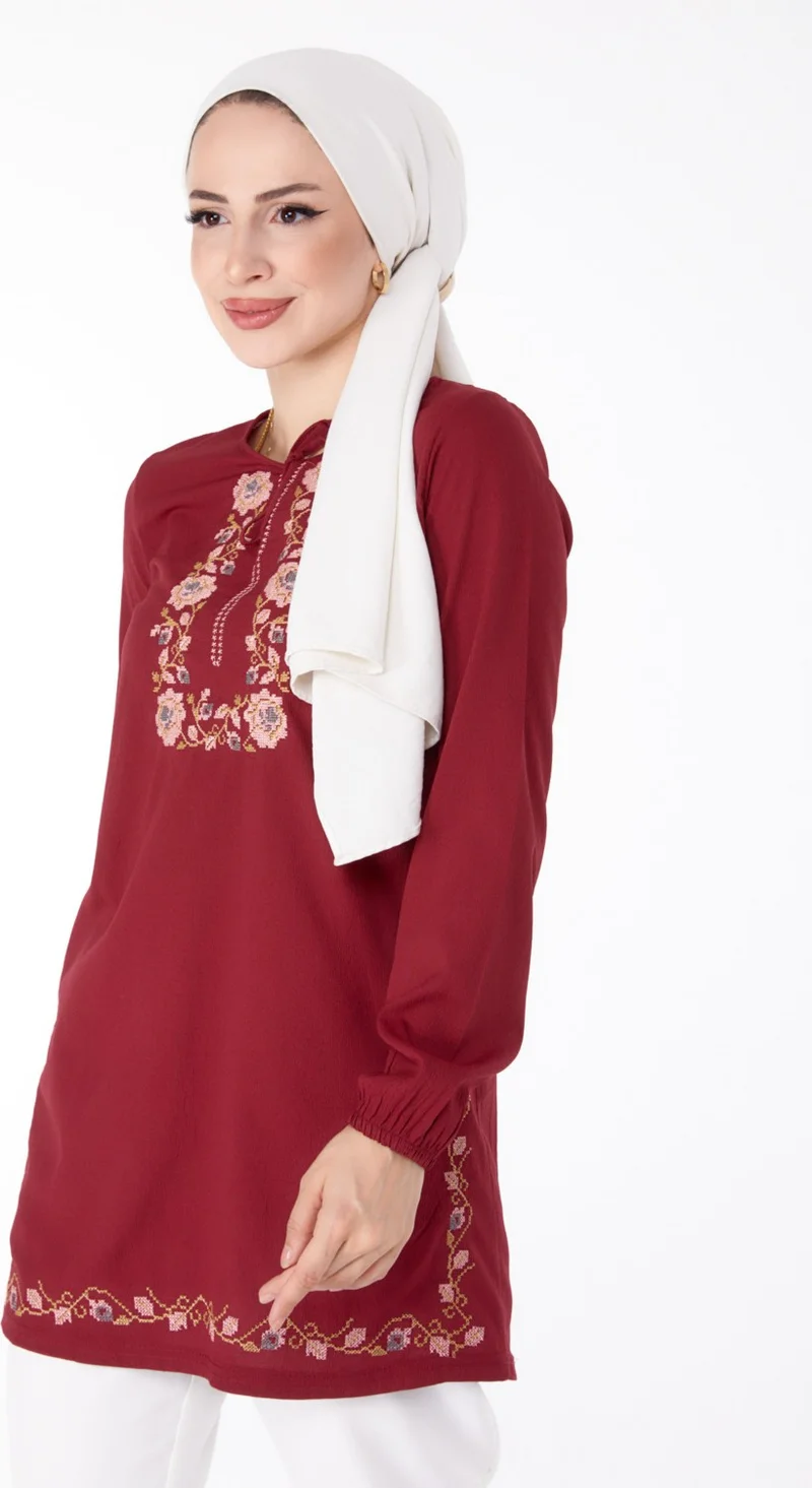 Tofisa Plain Tie Collar Women's Burgundy Embroidered Tunic - 13185