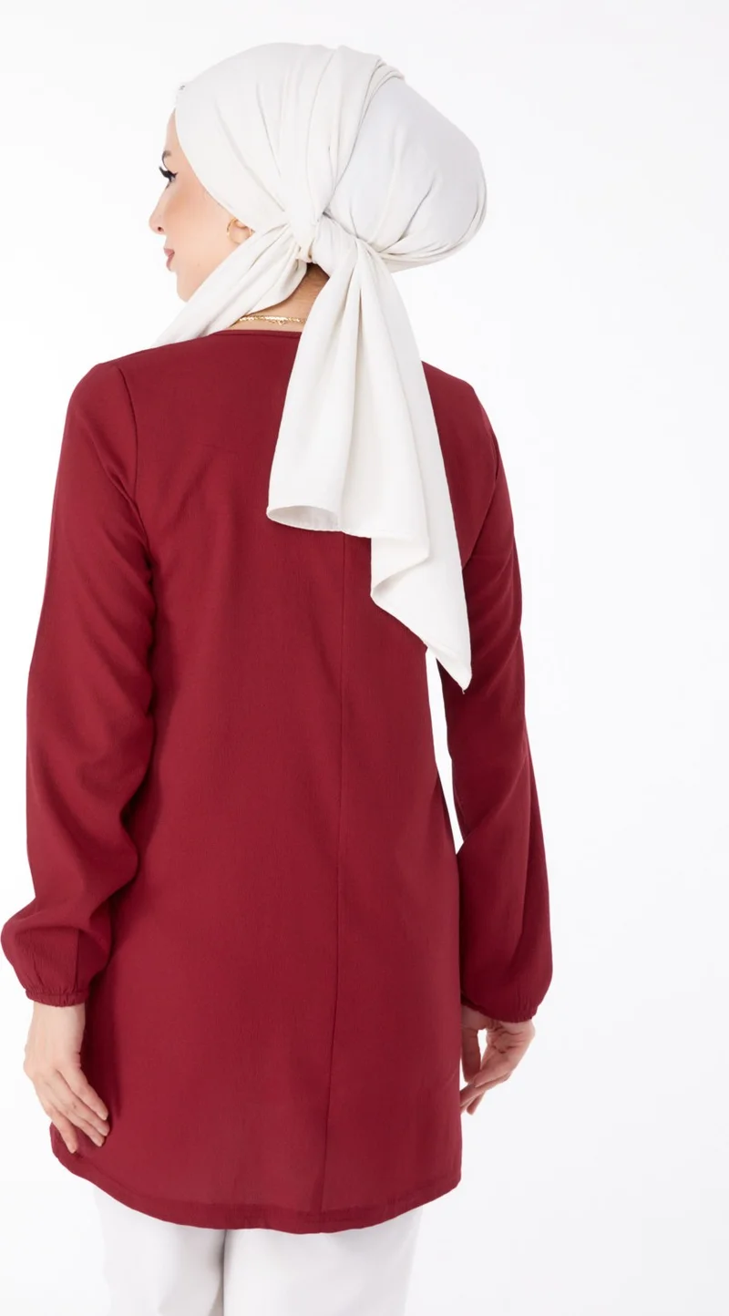 Tofisa Plain Tie Collar Women's Burgundy Embroidered Tunic - 13185