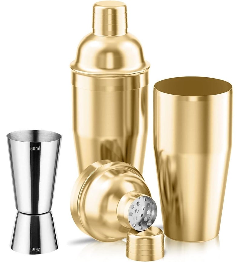 Stainless Steel Cocktail Shaker | Professional 3-Piece Bartender Shaker with Built-in Cocktail Strainer | and Stainless Steel Jigger 25/50 - by INFINITY-Plus (750 M, Gold) - Image 1