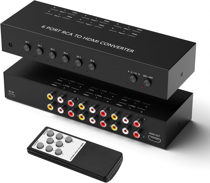 Ruipoo 6Port AV to HDMI Converter RCA/Composite/CVBS Adapter Support 16:9/4:3 Switch for Wii/N64/PS1/PS2/PS3/VHS/VCR/DVD Players etc (6Port RCA in to 1 HDMI Converter with IR Remote) - Image 1
