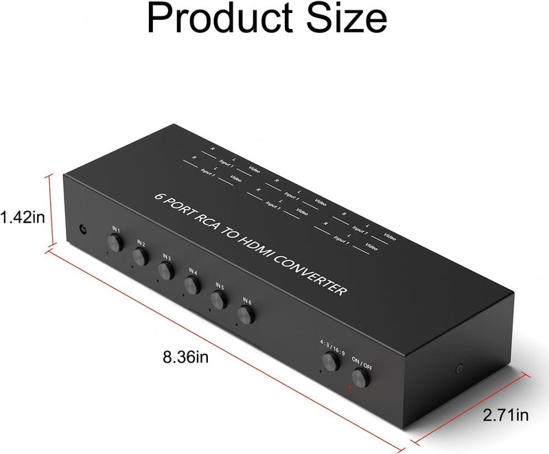 Ruipoo 6Port AV to HDMI Converter RCA/Composite/CVBS Adapter Support 16:9/4:3 Switch for Wii/N64/PS1/PS2/PS3/VHS/VCR/DVD Players etc (6Port RCA in to 1 HDMI Converter with IR Remote) - Image 5