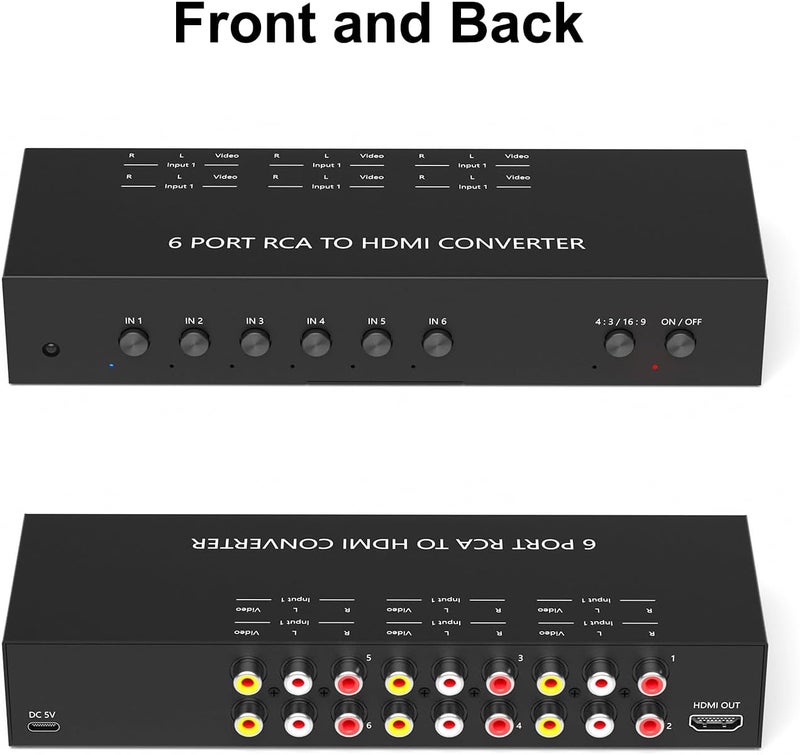 Ruipoo 6Port AV to HDMI Converter RCA/Composite/CVBS Adapter Support 16:9/4:3 Switch for Wii/N64/PS1/PS2/PS3/VHS/VCR/DVD Players etc (6Port RCA in to 1 HDMI Converter with IR Remote) - Image 2