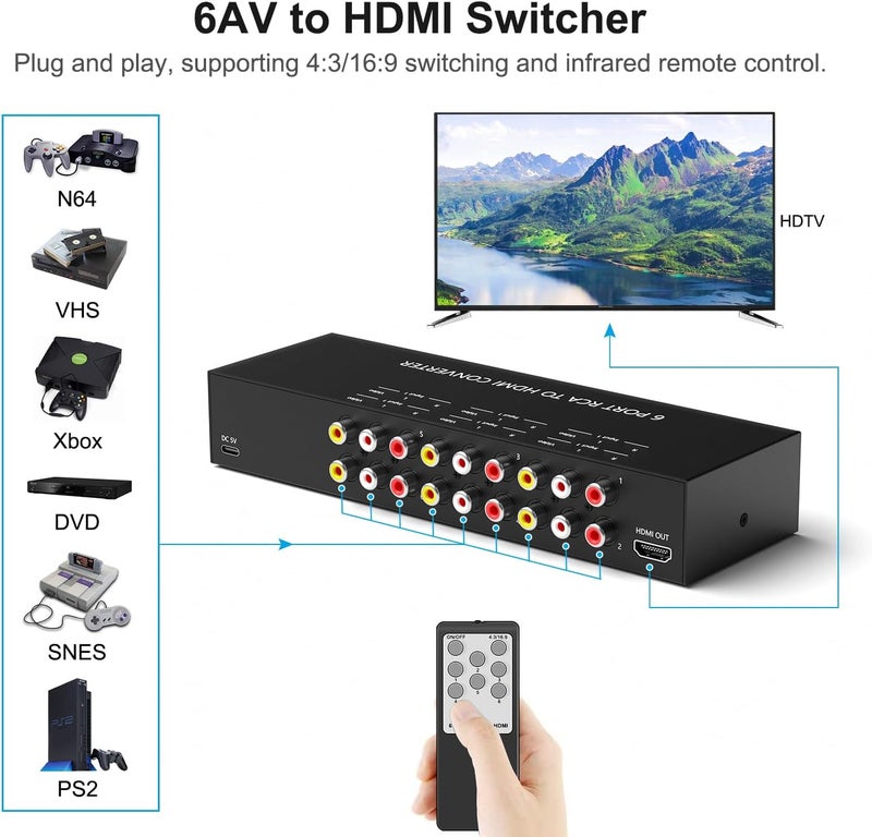 Ruipoo 6Port AV to HDMI Converter RCA/Composite/CVBS Adapter Support 16:9/4:3 Switch for Wii/N64/PS1/PS2/PS3/VHS/VCR/DVD Players etc (6Port RCA in to 1 HDMI Converter with IR Remote) - Image 3