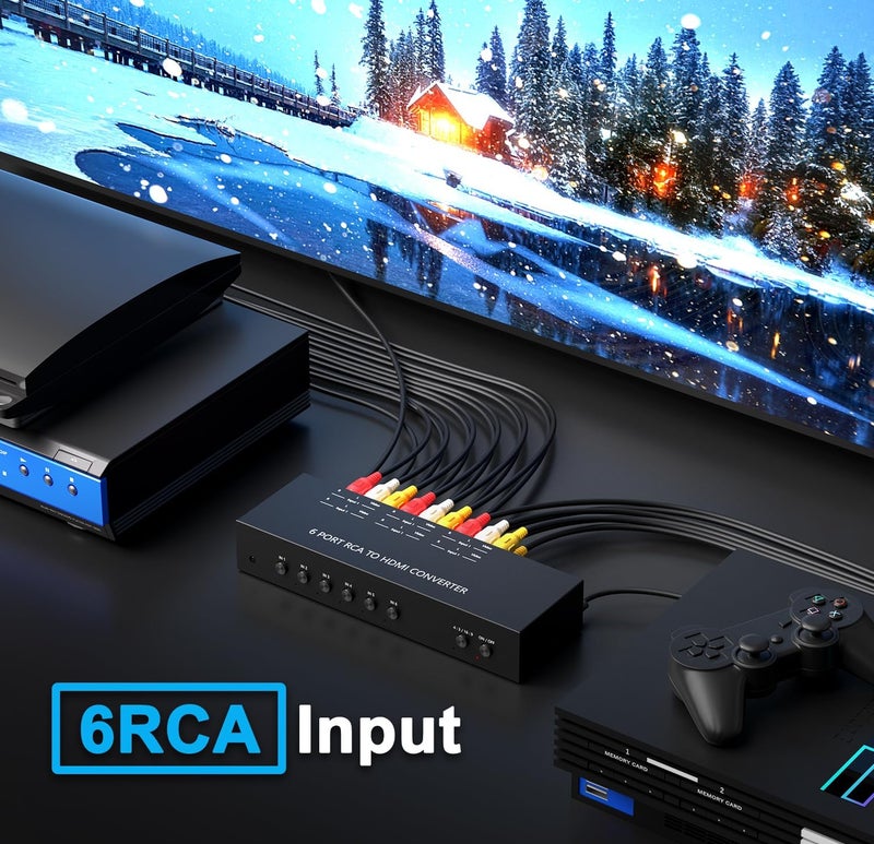 Ruipoo 6Port AV to HDMI Converter RCA/Composite/CVBS Adapter Support 16:9/4:3 Switch for Wii/N64/PS1/PS2/PS3/VHS/VCR/DVD Players etc (6Port RCA in to 1 HDMI Converter with IR Remote) - Image 4