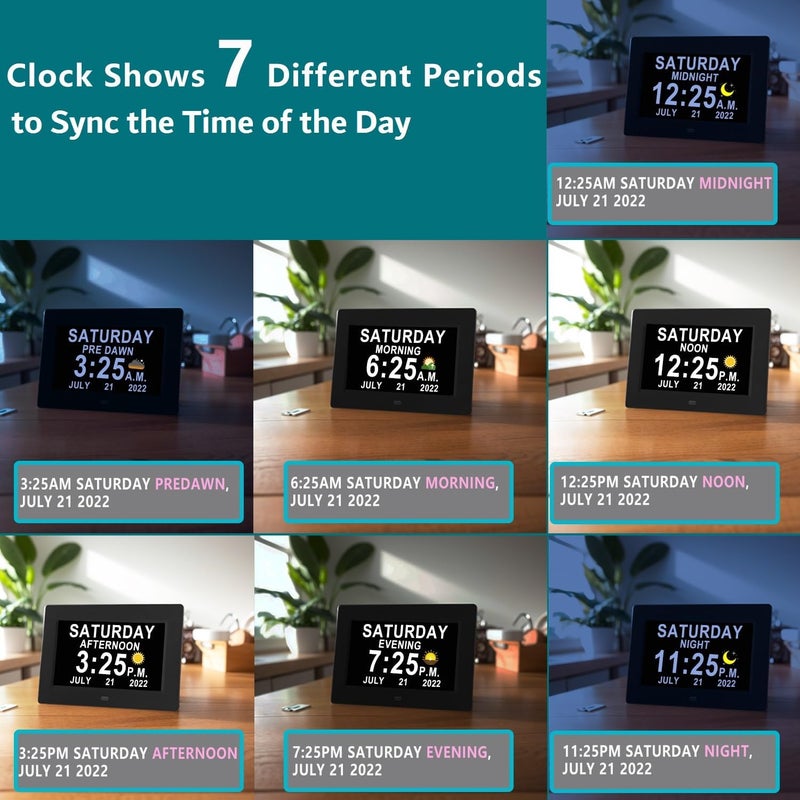 VÃ©faÃ®Ã® 2025 New, Digital Clock with Day Date 1280 * 800P HD, 19 Alarms Custom Reminders, 10 Levels Auto Dimmer Dementia Clock, 8 Display Colors, Auto DST, Remote & Buttons Control Easy for Elderly - Image 5