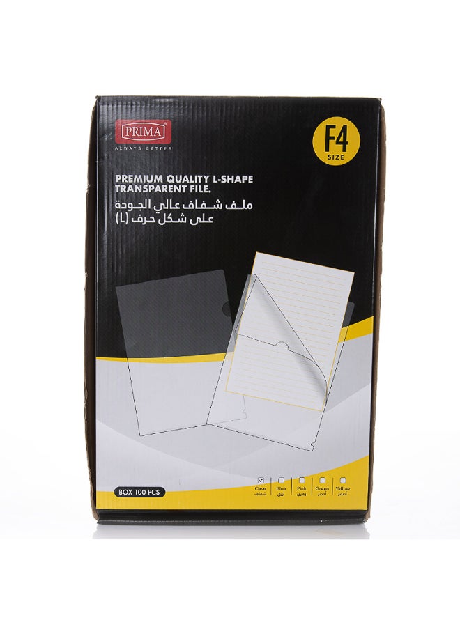 PRIMA 100 Pcs Premium Quality L-Shape Transparent File Folders, Clear F4 Size Document Organizer, Box of 100 Files - Image 1