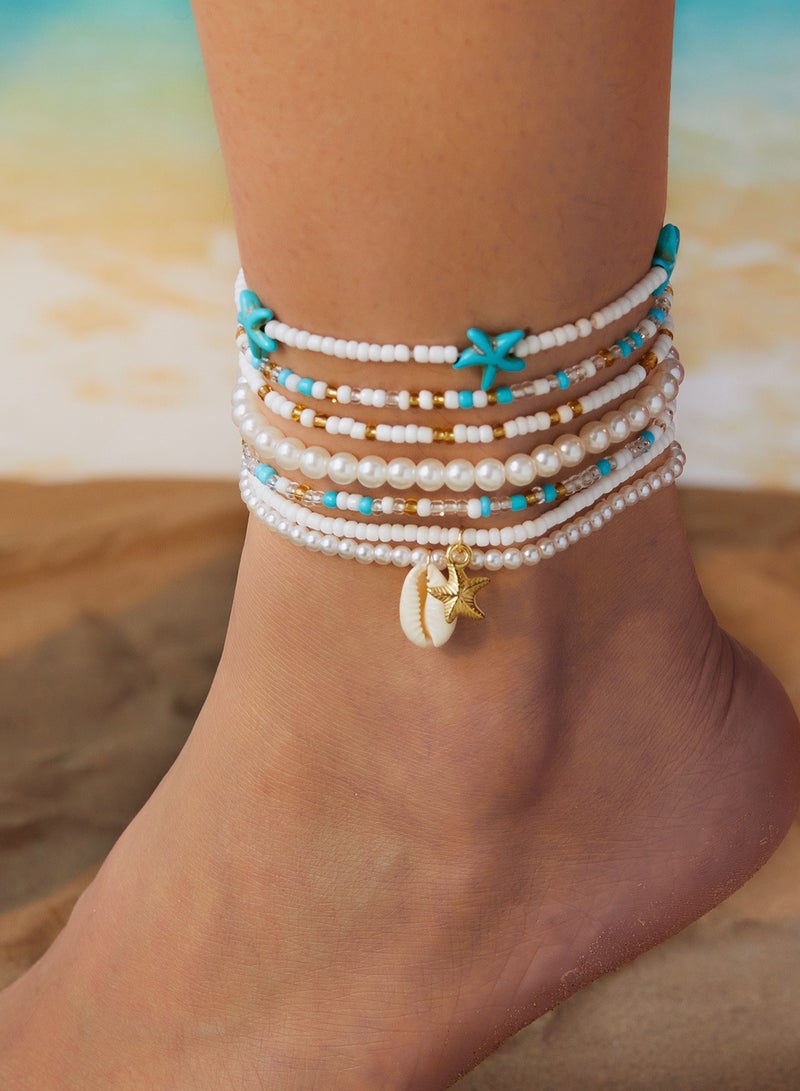 مجموعة سلاسل القدم من خرز الأرز الشفاف المتباين الألوان بأسلوب بوهيمي، متعددة الاستخدامات لصيف الشاطئ