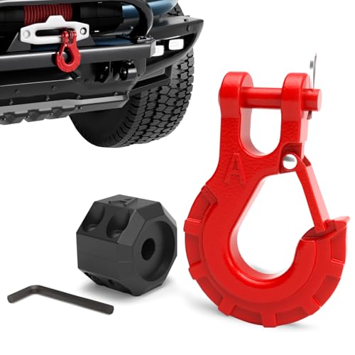 AMBULL 38 Winch Hook Winch Cable Hook Stopper Sets Heavy Duty Grade 70 Forged Steel Recovery Hook with Safety Latch Included Allen WrenchMax 37478 Lbs Red