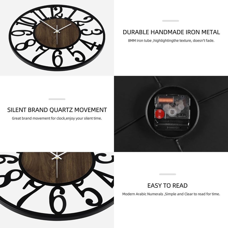 ماكس ستار ساعة جدارية دائرية من لزينة غرفة المعيشة، تعمل بالبطارية، بدون صوت، من معدن أسود عتيق، مزينة بالخشب، مناسبة للمنزل، غرفة المعيشة، الحديقة، المنزل الريفي، المكتب - الحجم: 34 سم - Image 4