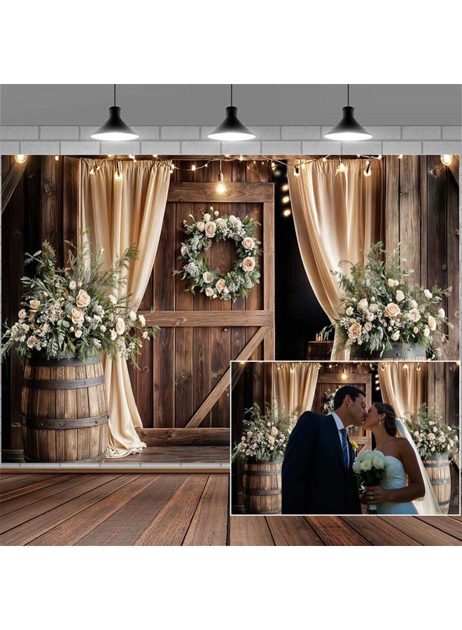 VeiVian 10X8ft Wooden Wedding Backdrop Banner Vintage Country Floral Barn Door Anniversary Photography Backdrops Western Rustic Plank Birthday Party Baby Shower Party Photographic Studio Photo Backgrounds - Image 2