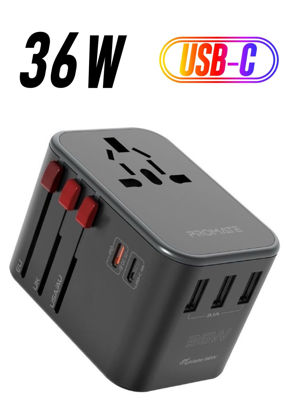 Universal Travel Adapter,International Grounded UK/EU/AU/US Plug Adapter with Safety Fuse,1840W AC Socket,USB-C 20W Power Delivery,15W USB-C and 3.1 A 3 USB Ports for iPhone 13,tripMate-36W Black
