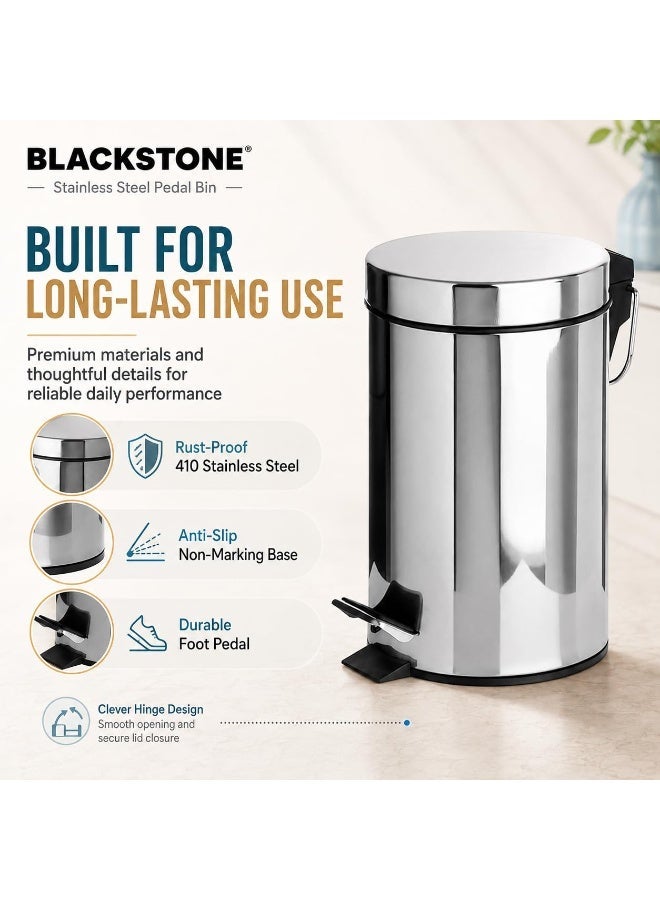 بلاك ستون BLACKSTONE سلة مهملات ستانلس ستيل 5 لتر بدواسة، غطاء إغلاق هادئ، دلو داخلي قابل للإزالة، سلة نفايات صغيرة للحمام وغرفة النوم والمكتب - Image 3
