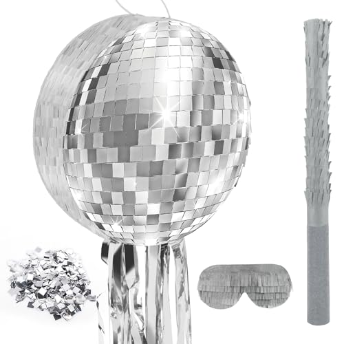 Atiloy 125 Inch Disco Party Pinata 80s 90s Disco Ball Pinata with Blindfold Stick Confetti for 80s 90s Discos Birthday Wedding Party Supplies Decor Discos Ball - Image 1
