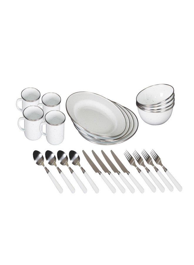 Stansport Enamel Camping Tableware Set-24 Pieces-White With Blue Specs - Image 1