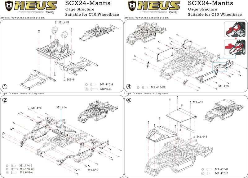 MEUS RACING Mantis24 Body with Roll Cage for Axial 1/24 SCX24 RC Crawler (Black) - Image 3