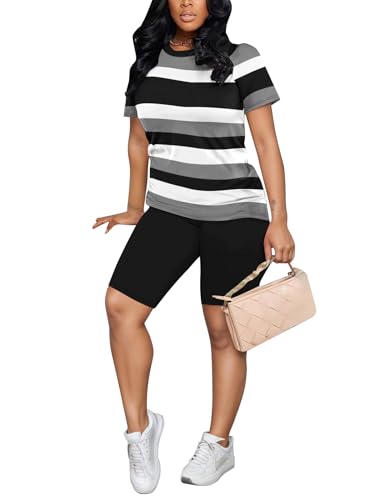 HBQ Women Two Piece Outfits Summer Sweatsuits Bodycon Track Suits Biker Short Workout Jogger Sets Stripe S - Image 3
