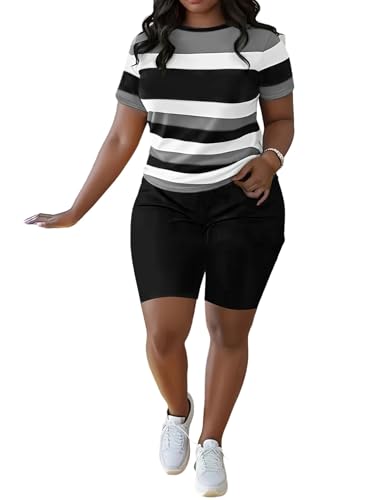 HBQ Women Two Piece Outfits Summer Sweatsuits Bodycon Track Suits Biker Short Workout Jogger Sets Stripe S - Image 1