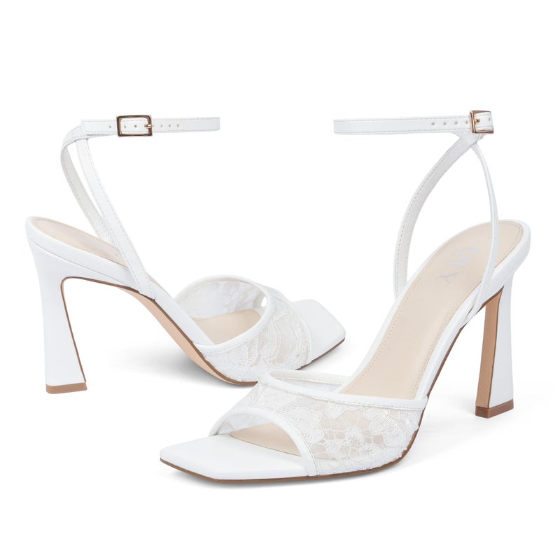 QIY White Strappy Heels for Women Lace High Heels Stilettos Open Square Toe Heel 3 Inch Summer Dress Mesh White Heel Wedding Heeled Sandals Size 7.5 - Image 4